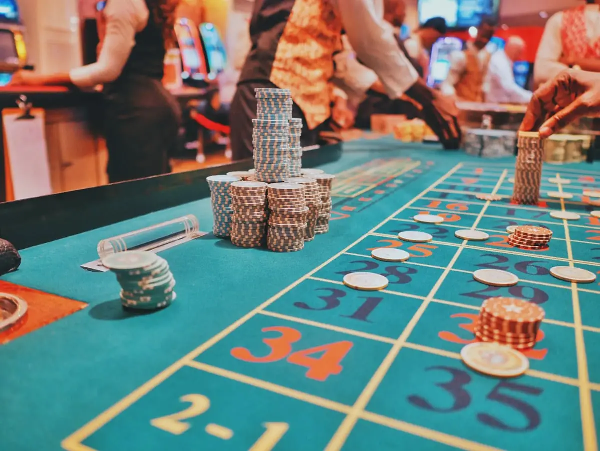 Roulette table with gaming chips