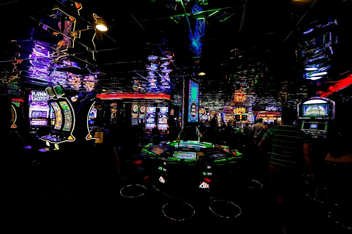 Rows of illuminated slot machines