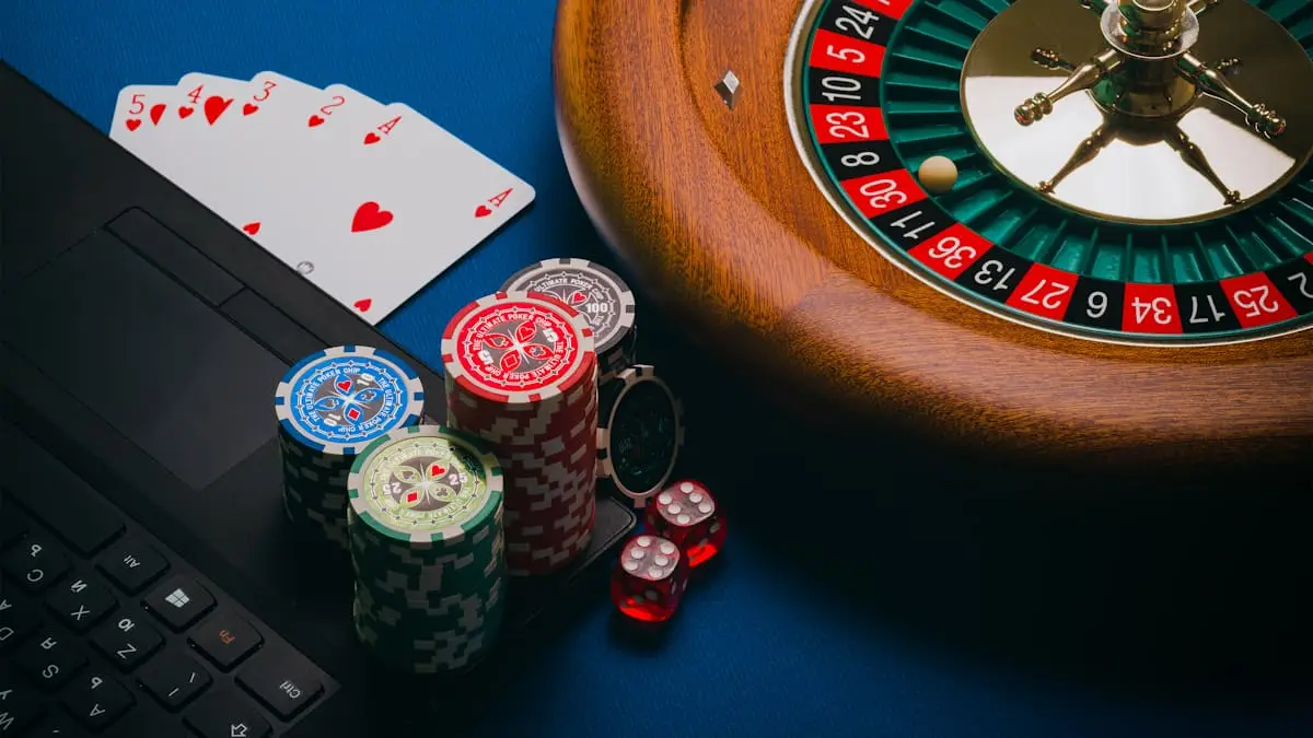 Roulette wheel with cards and chips